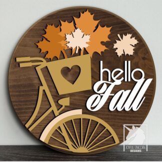 Hello Fall Bicycle Sign SVG Autumn Door Hanger with Leaves & Basket Laser Cut Round Sign Front Door Sign SVG Glowforge Cricut CNC File
