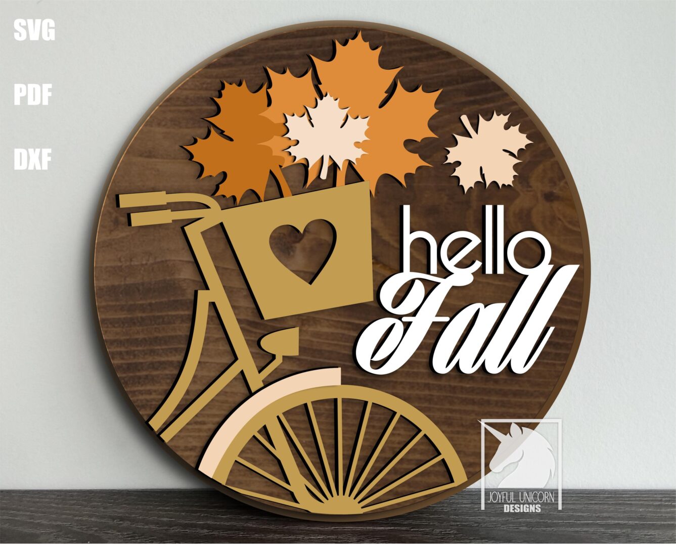 Hello Fall Bicycle Sign SVG Autumn Door Hanger with Leaves & Basket Laser Cut Round Sign Front Door Sign SVG Glowforge Cricut CNC File