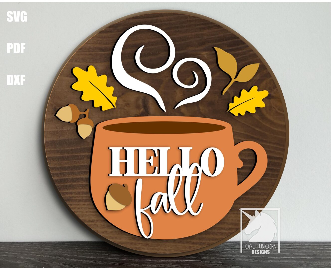 Hello Fall Coffee Mug Sign SVG Autumn Door Hanger with Acorns & Leaves Laser Cut Round Sign Digital Download SVG DXF Glowforge Ready File