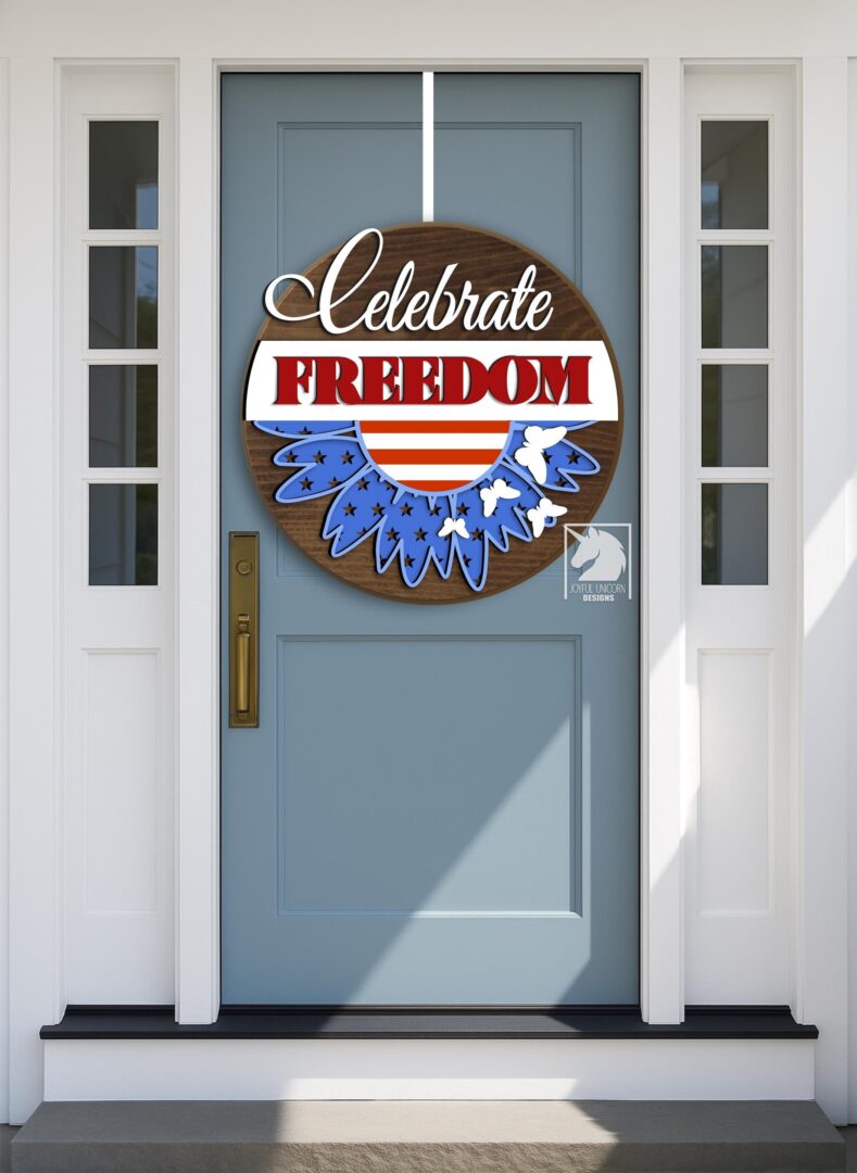 Celebrate Freedom Door Hanger SVG Patriotic Daisy Welcome Sign SVG Glowforge and Cricut Ready File Stars and Stripes Wooden Round Sign DXF - Image 2