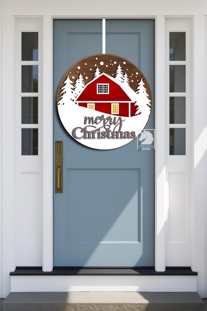 Merry Christmas Cabin SVG Winter Barn Door Hanger Laser Cut File Snow Scene Round Sign for Glowforge XTool Cricut Christmas Front Door Decor - Image 2