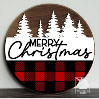 Merry Christmas Sign SVG with Buffalo Plaid Farmhouse Christmas Door Hanger Laser Cut File Christmas Woodland Sign SVG Glowforge SVG File