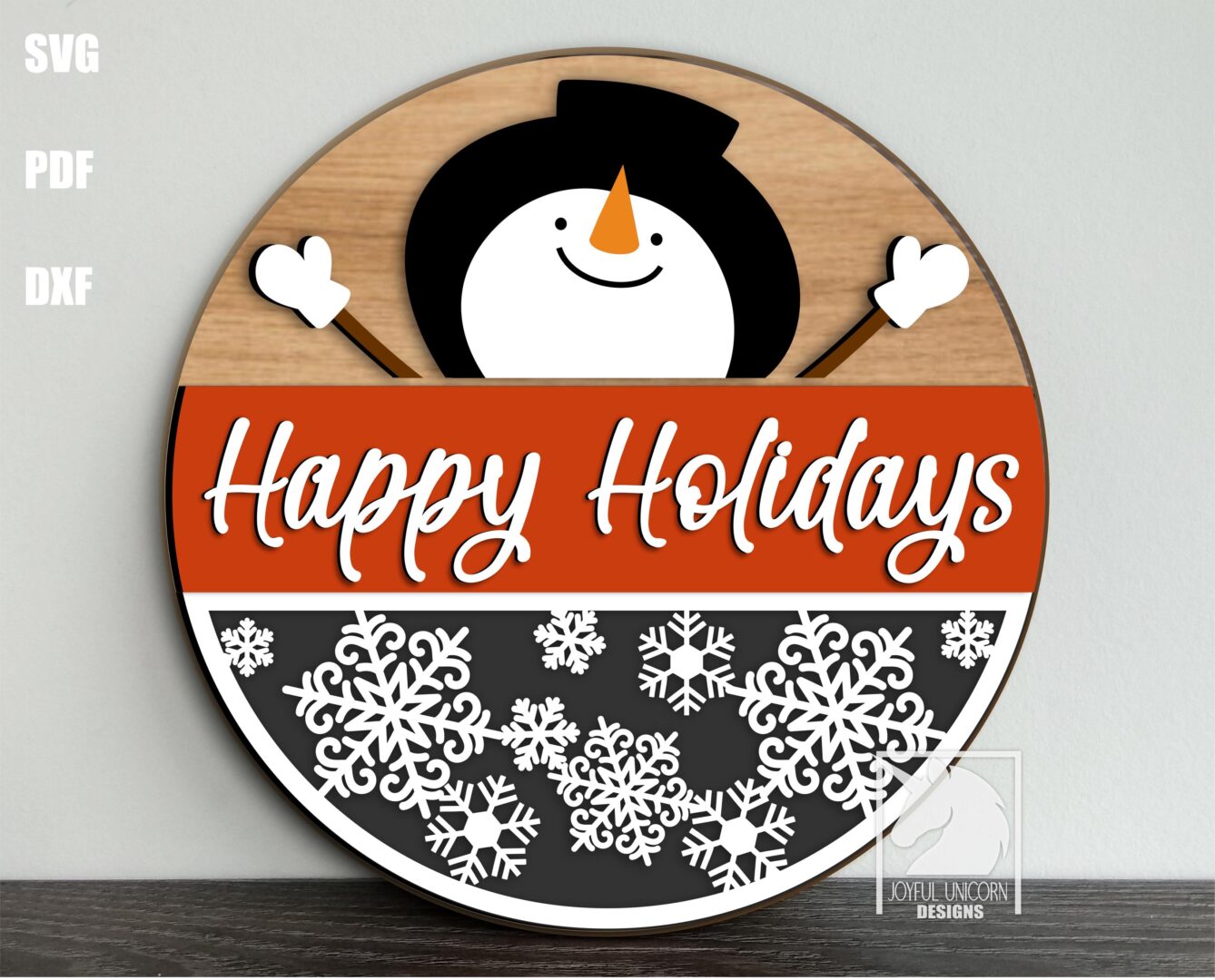 Happy Holidays Snowman SVG Winter Door Hanger Laser Cut File Christmas Round Sign with Snowflakes PDF DXF for Glowforge Cricut XTool