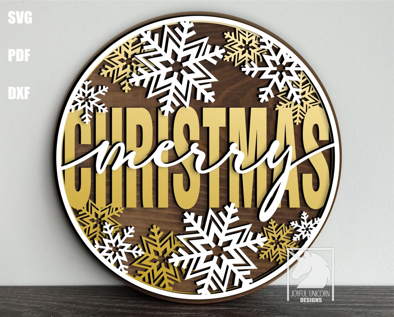 Merry Christmas Wood Round Sign SVG Winter Snowflakes Door Hanger Glowforge Xtool Cricut Ready File PDF DXF Digital Download