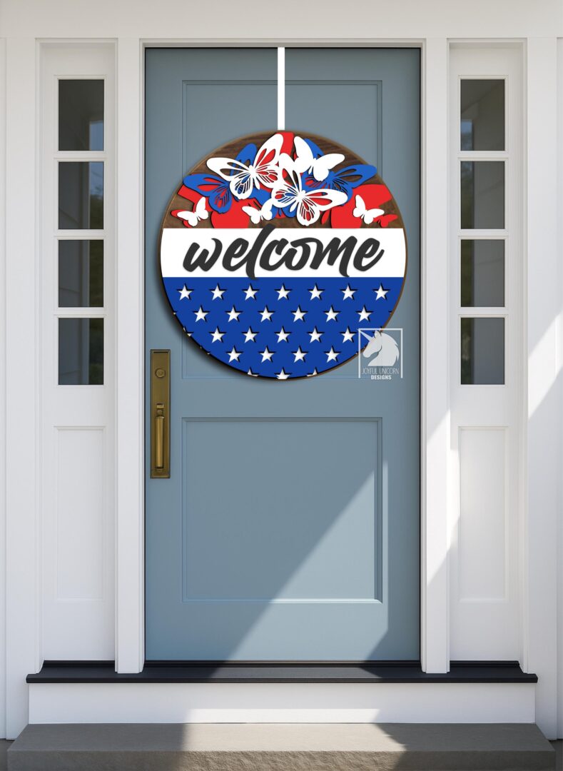 Patriotic Butterfly Welcome Sign SVG 4th of July Door Hanger Red White Blue Laser Cut File USA Stars Digital Fie Independence Day DXF - Image 2