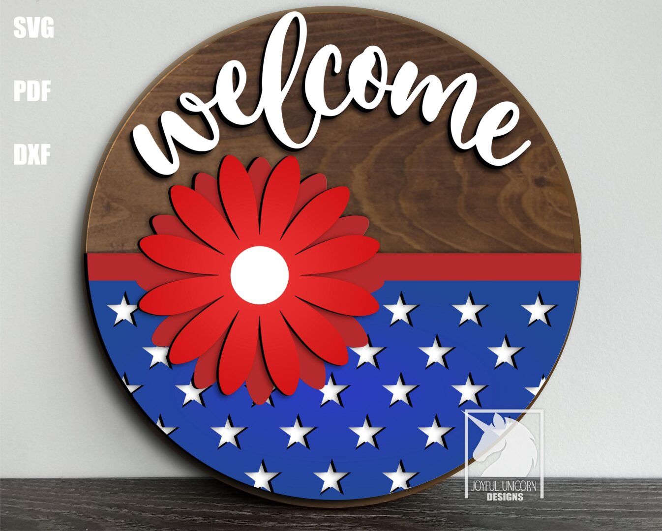 Patriotic Daisy Welcome Sign SVG 4th of July Door Hanger Red White Blue Round Sign Laser Cut File Digital Download for Xtool Glowforge