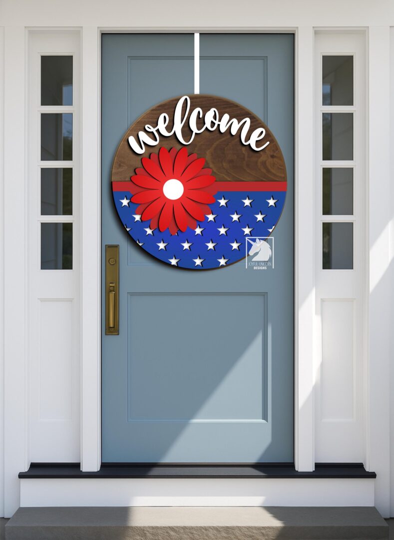 Patriotic Daisy Welcome Sign SVG 4th of July Door Hanger Red White Blue Round Sign Laser Cut File Digital Download for Xtool Glowforge - Image 2