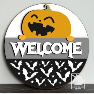 Halloween Pumpkin Welcome Sign SVG Bat Door Hanger SVG Laser Cut File Glowforge Xtool Ready File Front Door Decor Halloween Porch Sign SVG