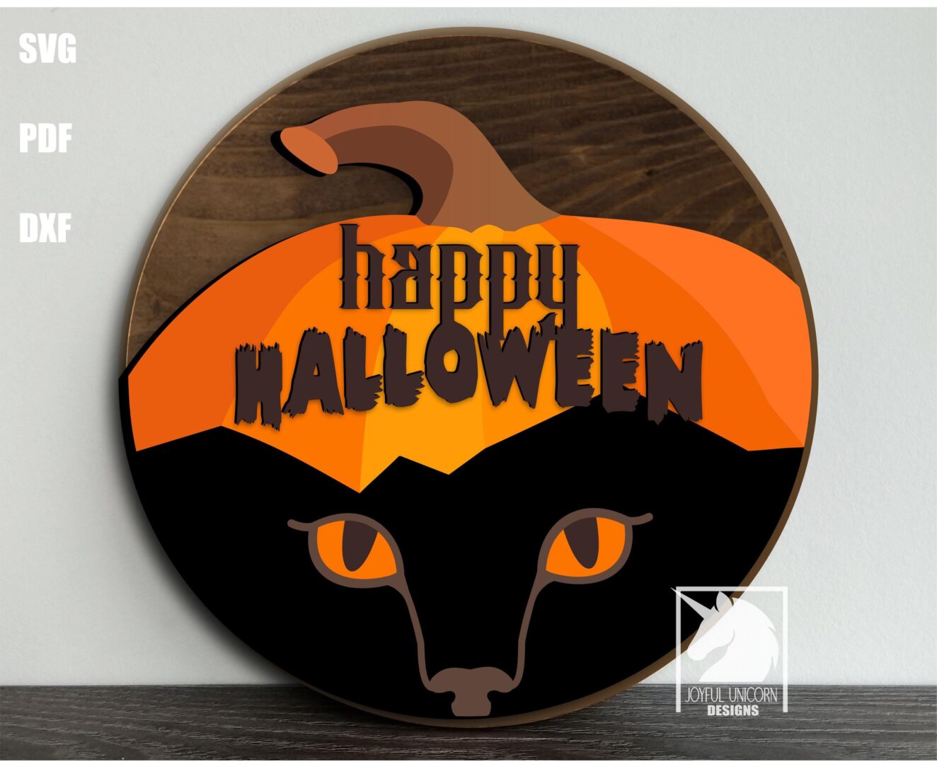 Happy Halloween Wood Round SVG Pumpkin Cat Head Door Hanger SVG Halloween Black Cat Front Door Sign SVG Glowforge Xtool Cricut Ready Files
