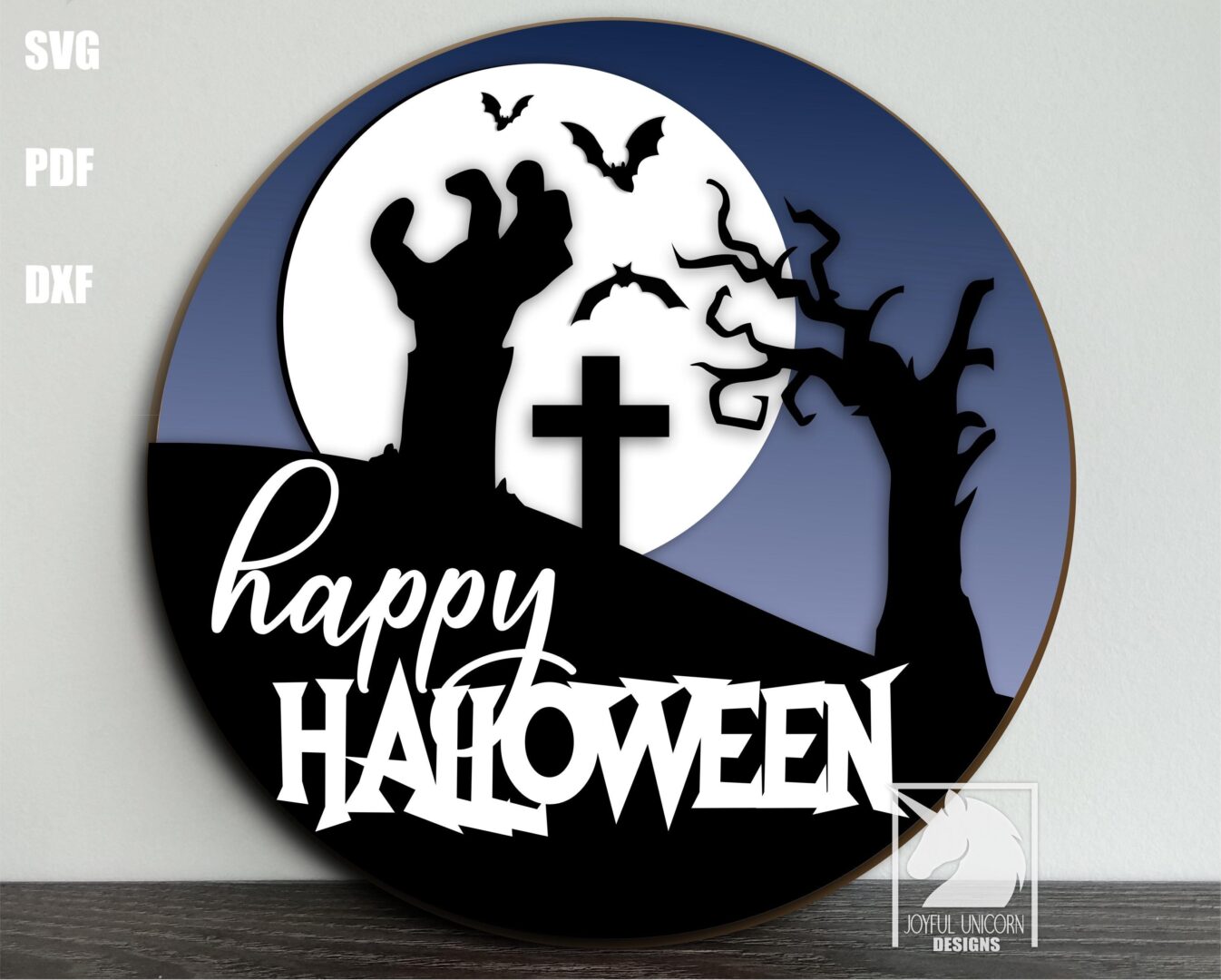 Graveyard Happy Halloween SVG Spooky Round Door Hanger Zombie Hand & Moon Laser Cut File Digital Download for Cricut Xtool Glowforge