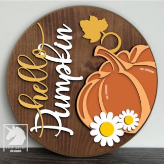 Hello Pumpkin Door Hanger SVG, Autumn Wood Round Sign Laser Cut File, Pumpkin with Flowers Door Sign DXF, Digital File for Cricut, Glowforge