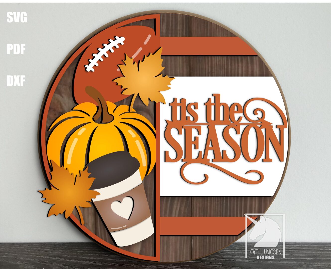 Tis the Season Fall Round Sign SVG, Fall Football Round Door Hanger, Pumpkin Spice Sign, Glowforge Laser File, Fall Welcome Front Door Sign