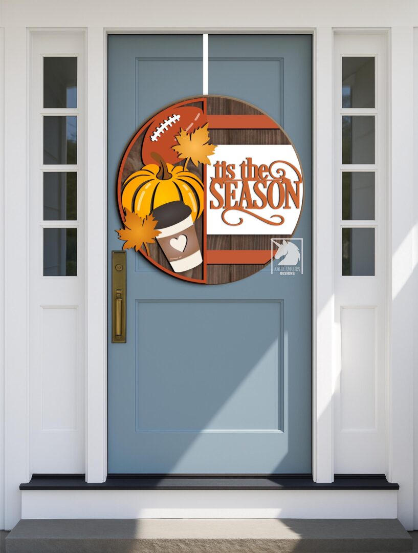 Tis the Season Fall Round Sign SVG, Fall Football Round Door Hanger, Pumpkin Spice Sign, Glowforge Laser File, Fall Welcome Front Door Sign - Image 2