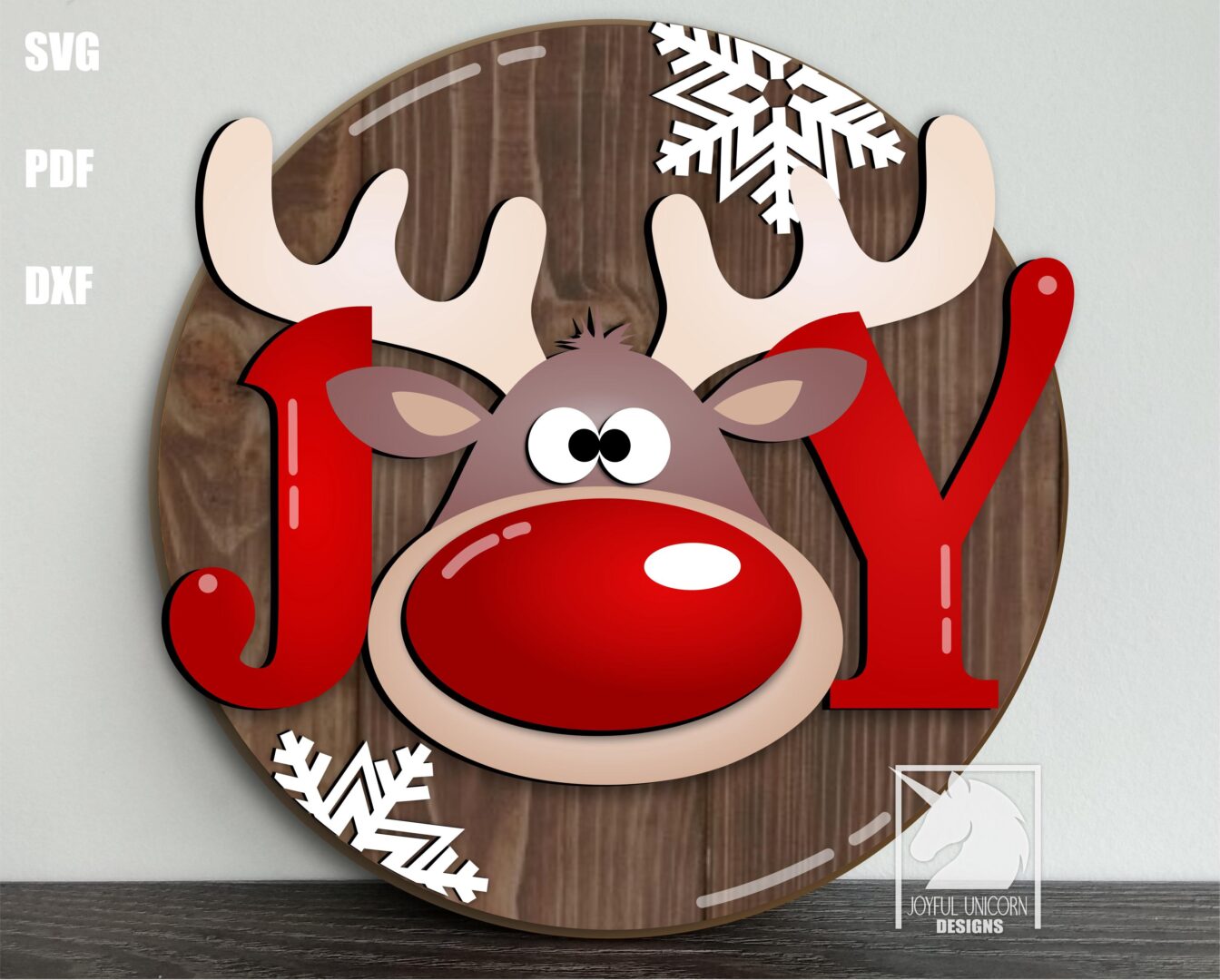 Joy Christmas Round Door Hanger SVG, Whimsical Red Nose Reindeer Sign, Winter Holiday Welcome Porch Sign, Digital Download File
