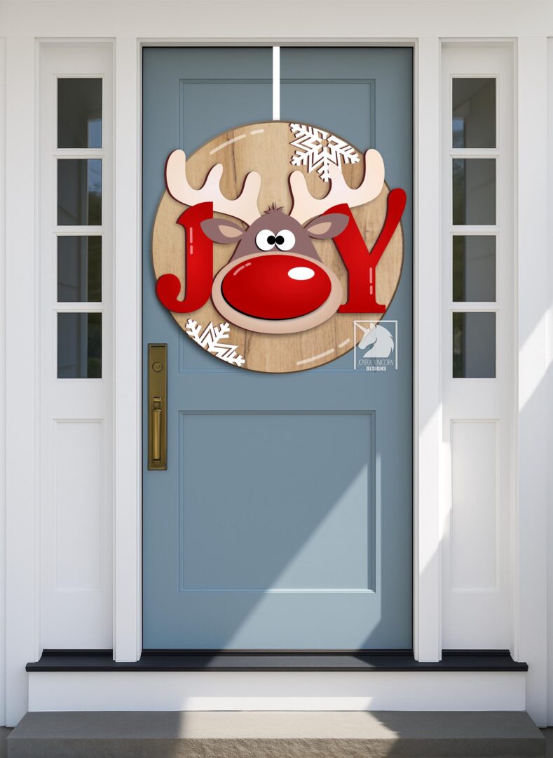 Joy Christmas Round Door Hanger SVG, Whimsical Red Nose Reindeer Sign, Winter Holiday Welcome Porch Sign, Digital Download File - Image 4