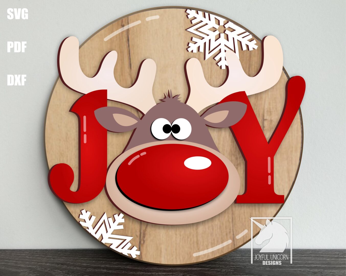 Joy Christmas Round Door Hanger SVG, Whimsical Red Nose Reindeer Sign, Winter Holiday Welcome Porch Sign, Digital Download File - Image 2