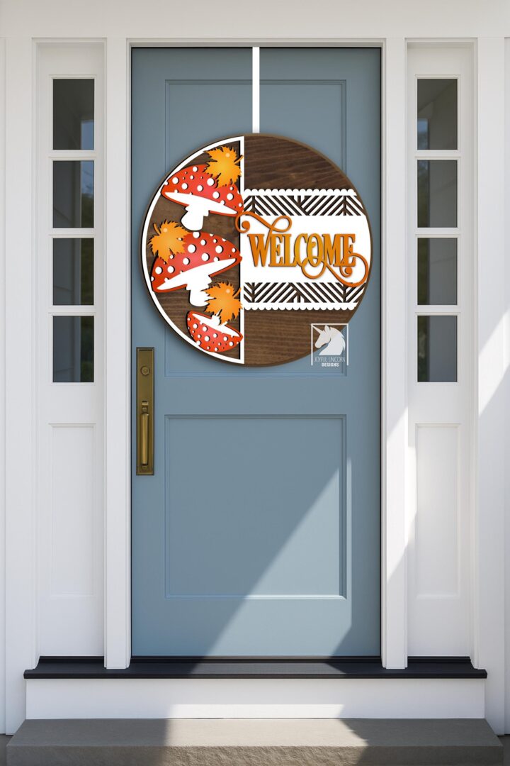 Mushrooms Welcome Door Hanger SVG, Autumn Amanita Door Sign DXF, Fall Porch Sign Laser Cut File for Cricut, Glowforge, Xtool, Digital File - Image 2