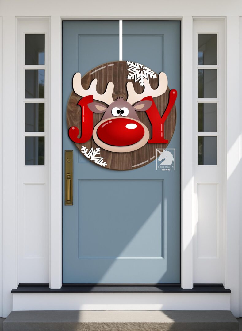 Joy Christmas Round Door Hanger SVG, Whimsical Red Nose Reindeer Sign, Winter Holiday Welcome Porch Sign, Digital Download File - Image 3
