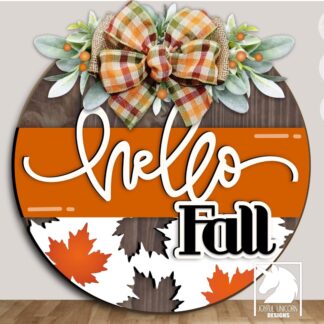 Hello Fall Door Hanger SVG, Autumn Round Sign Laser Cut File, Maple Leaf Wood Sign Digital Download, Fall Front Porch Decor DXF PDF