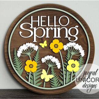 Hello Spring Wood Round Sign SVG, Wildflowers Door Hanger SVG, Glowforge and Cricut Ready File, Spring Welcome Sign, Front Door Decor