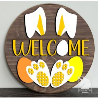 Easter Welcome Sign SVG, Bunny Ears Door Hanger SVG, Rabbit Feet Wood Round Sign, Glowforge and Cricut Ready File, Easter Front Door Decor