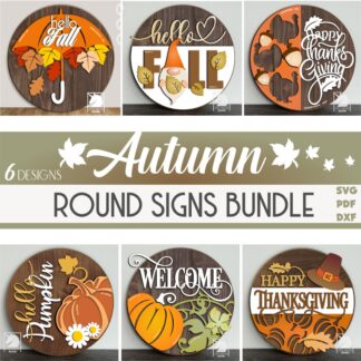 Fall Round Signs SVG Bundle, Pumpkin Door Hanger SVG, Fall Gnome Welcome Sign, Thanksgiving Day Laser Cut File for Glowforge, Xtool, Cricut