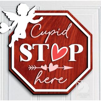 Cupid Stop Here Sign SVG, Valentines Day Door Hanger SVG, Valentines Day Welcome Sign SVG, Glowforge Ready File, Cupid Sign svg, Wood Sign