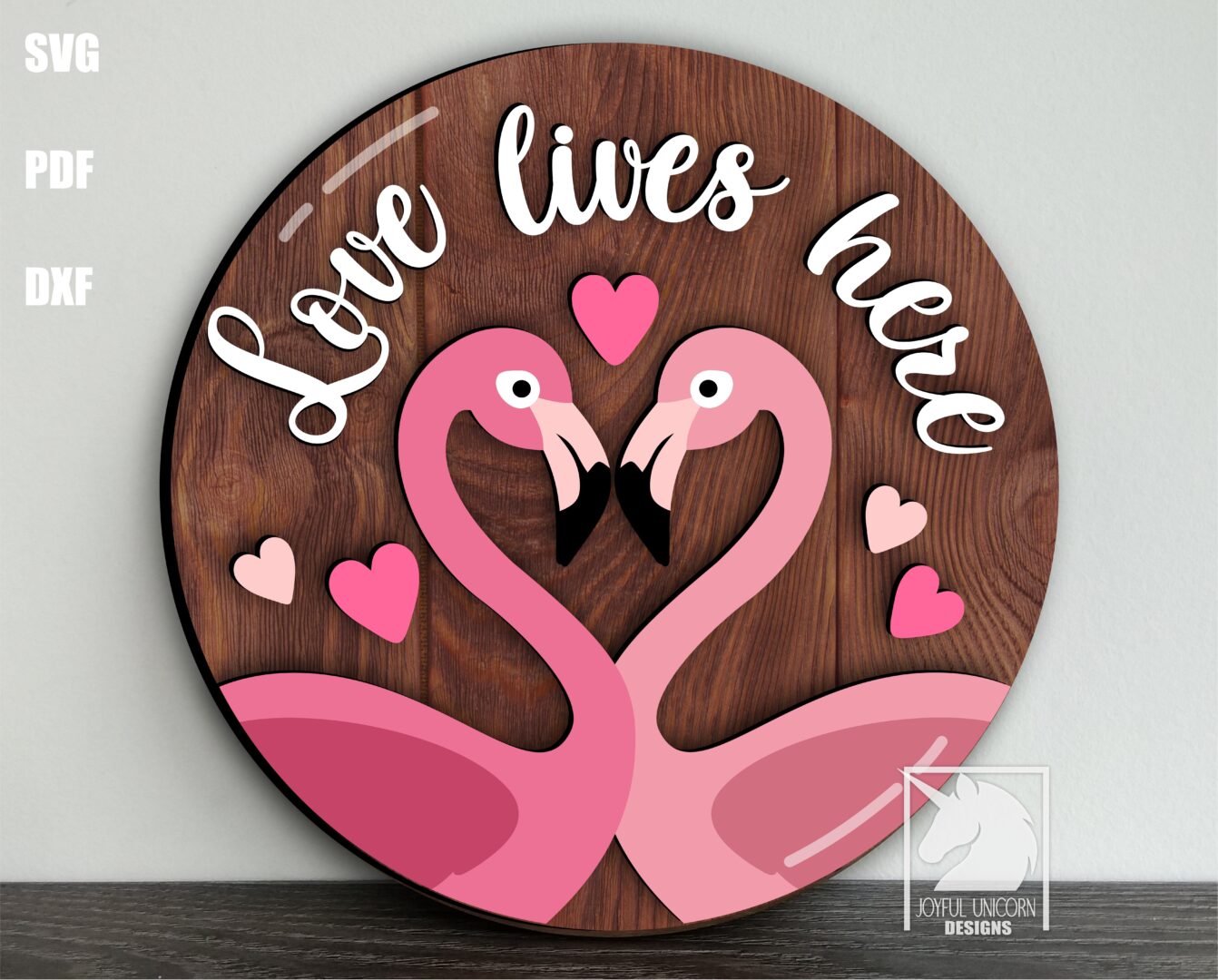 Love Lives Here Sign SVG, Valentines Day Door Hanger SVG, Flamingo Door Sign SVG, Laser Cut File, Glowforge Ready File, Wood Round Sign