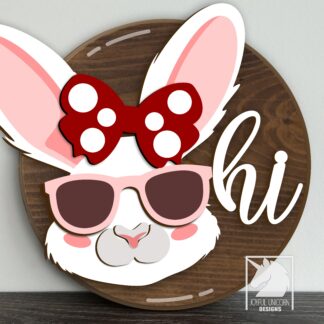 Hi Easter Bunny Sign SVG, Sunglasses Bunny Door Hanger SVG, Glowforge and Cricut Ready File, Easter Rabbit with Bow Sign, Laser Cut File SVG