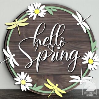 Hello Spring Sign SVG, Spring Door Hanger SVG, Daisy Round Sign SVG, Dragonfly Door Hanger, Laser Cut file, Wood Round Sign svg