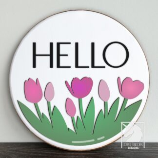 Hello Spring Sign SVG, Tulip Door Hanger SVG, Hello Welcome Sign SVG, Floral Door Hanger svg, Laser Cut File, Wood Round Sign svg