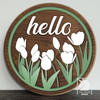 Hello Spring Round Sign SVG, Tulip Door Hanger SVG, Spring Welcome Sign SVG, Wood Round Sign, Floral Door Hanger, Glowforge Ready File