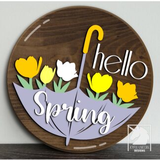 Hello Spring Sign SVG, Umbrella Door Hanger SVG, Tulip Door Hanger SVG, Spring Welcome Sign, Glowforge and Cricut Ready File, Laser Cut File