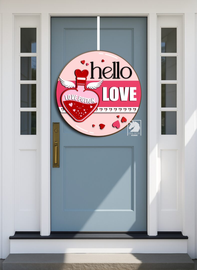 Hello Love Round Sign SVG, Love Potion Door Hanger SVg, Valentine's Day Welcome Sign, Glowforge and Cricut Ready File, Front Door Decor - Image 2