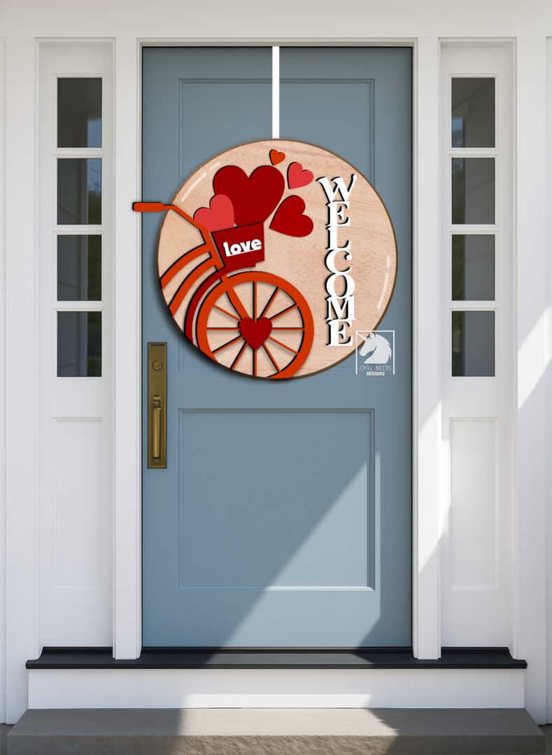 Valentine's Day Bicycle Door Hanger SVG, Valentine Welcome Sign SVg, Glowforge and Cricut Ready File, Bicycle with Hearts Sign SVG - Image 2