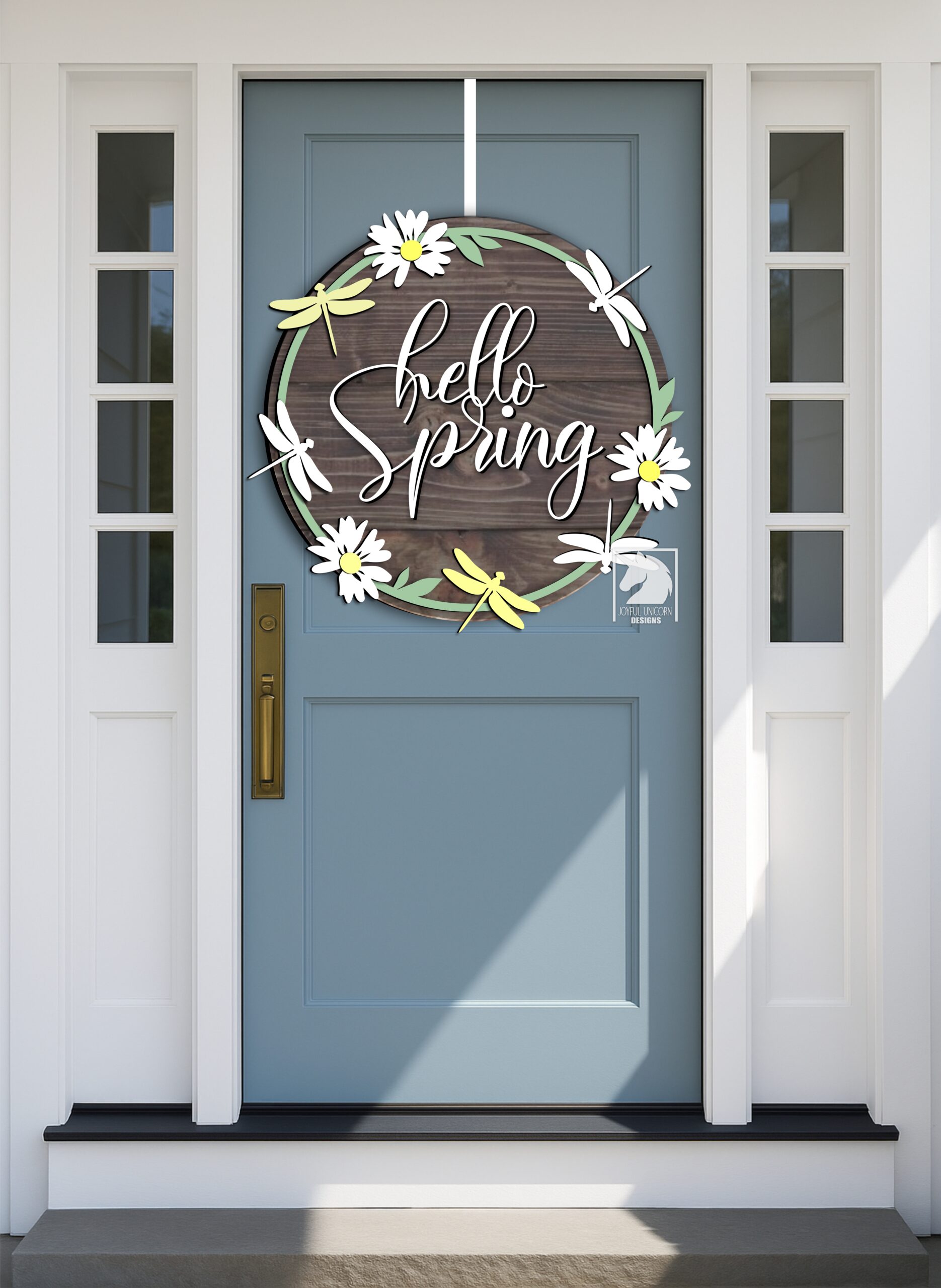 Hello Spring Sign SVG, Spring Door Hanger SVG, Daisy Round Sign SVG, Dragonfly Door Hanger, Laser Cut file, Wood Round Sign svg - Image 2