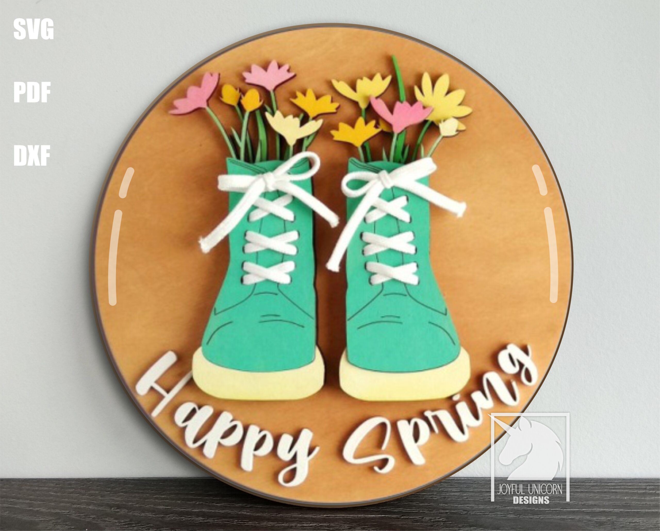 Happy Spring Round Sign SVG, Spring Boots With Flowers Sign SVG, Spring Door Hanger SVG, Laser Cut File for Glowforge, Wood Round Sign