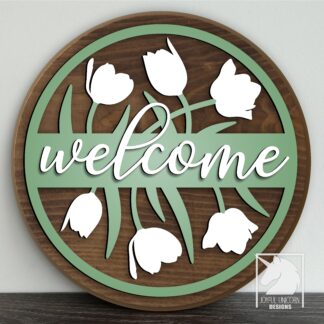 Spring Welcome Sign SVG, Tulip Door Hanger SVG, Wood Round Sign, Floral Welcome Sign SVG, Laser Cut File for Cricut and Glowforge