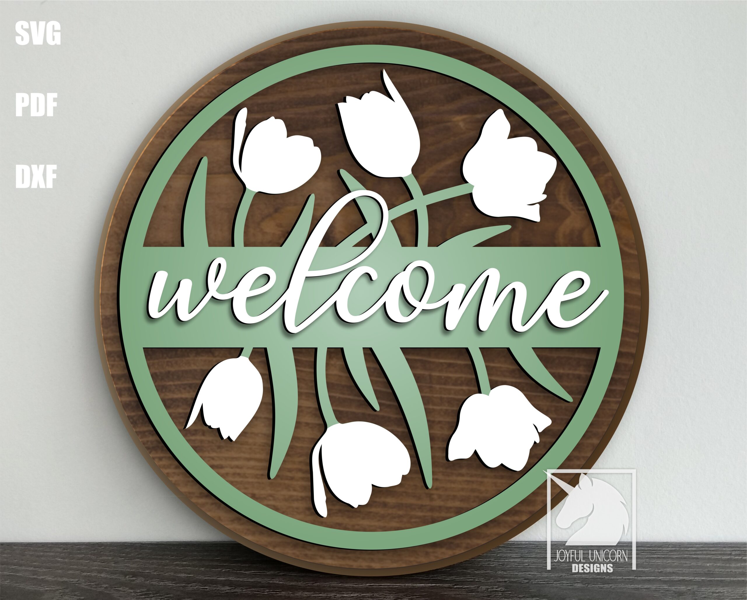 Spring Welcome Sign SVG, Tulip Door Hanger SVG, Wood Round Sign, Floral Welcome Sign SVG, Laser Cut File for Cricut and Glowforge