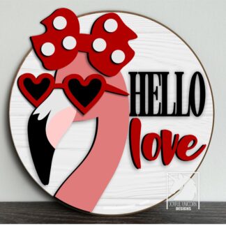 Hello Love Door Hanger SVG, Flamingo Round Sign SVG, Valentine's Day Welcome Sign SVG, Glowforge and Cricut Ready File, Laser Cut File