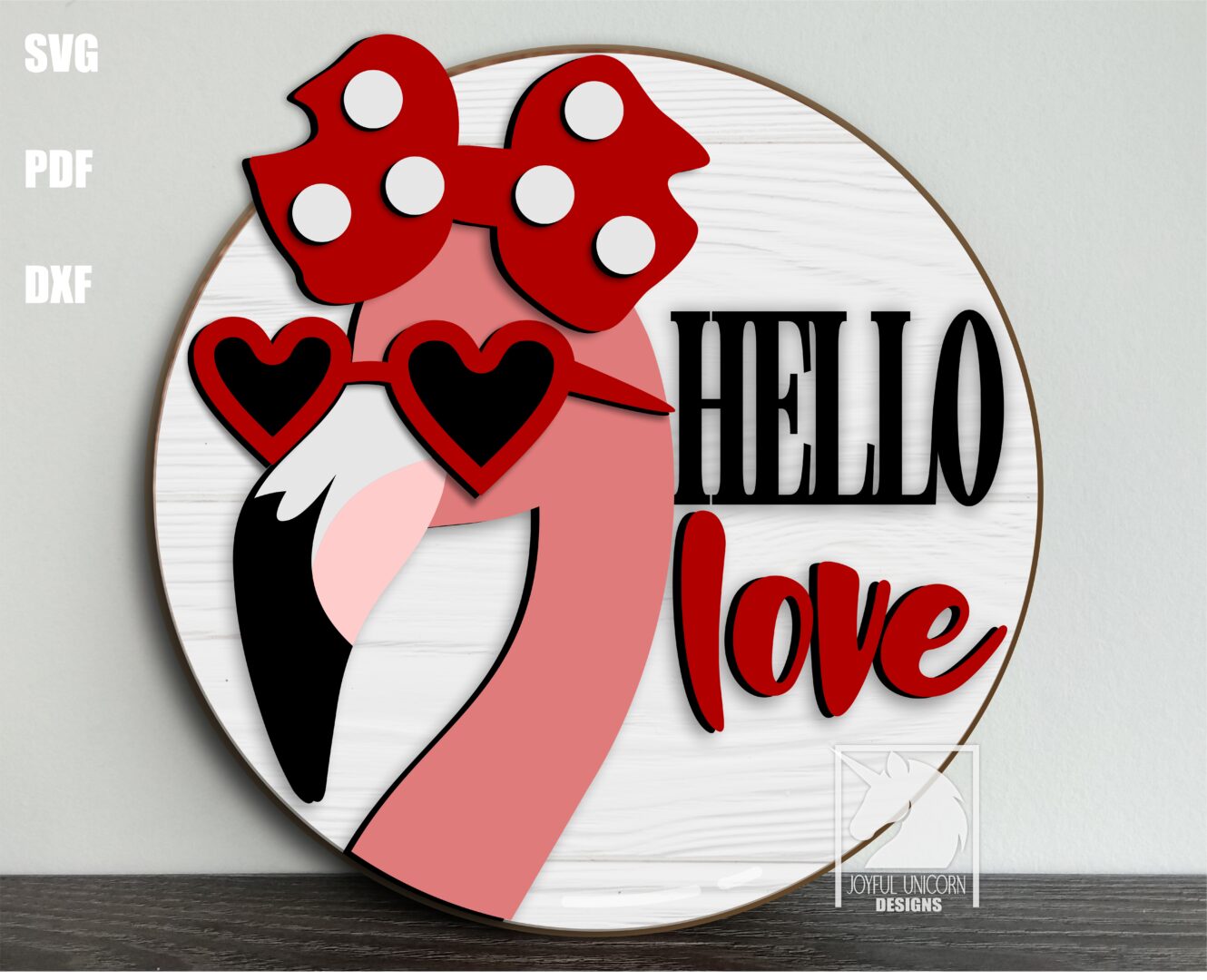 Hello Love Door Hanger SVG, Flamingo Round Sign SVG, Valentine's Day Welcome Sign SVG, Glowforge and Cricut Ready File, Laser Cut File