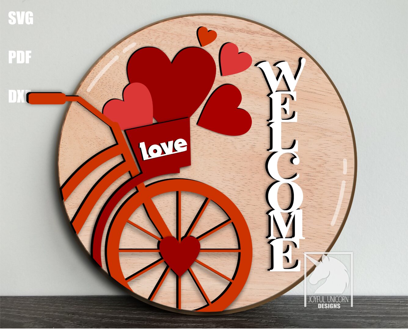 Valentine's Day Bicycle Door Hanger SVG, Valentine Welcome Sign SVg, Glowforge and Cricut Ready File, Bicycle with Hearts Sign SVG