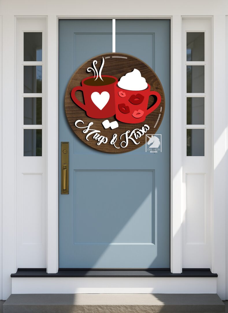 Mugs and Kisses Round Sign SVG, Valentines Day Door Hanger SVG, Laser Cut File, Glowforge and Cricut Ready File, Front Door Decor - Image 2