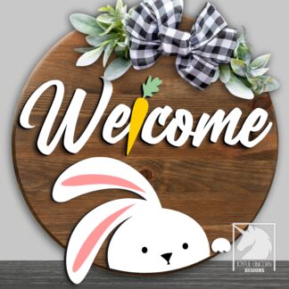 Easter Bunny welcome Sign SVG, Bunny Door Hanger SVG, Easter Cut File, Glowforge and Cricut Ready File, Wood Round Sign, Laser Cut File