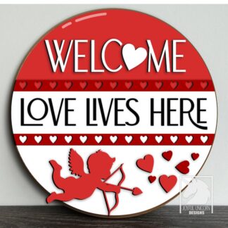 Love Lives Here Door Hanger SVG, Welcome Round Sign SVG, Valentine's Day Door Decor SVG, Glowforge and Cricut Ready File, Front Door Sign