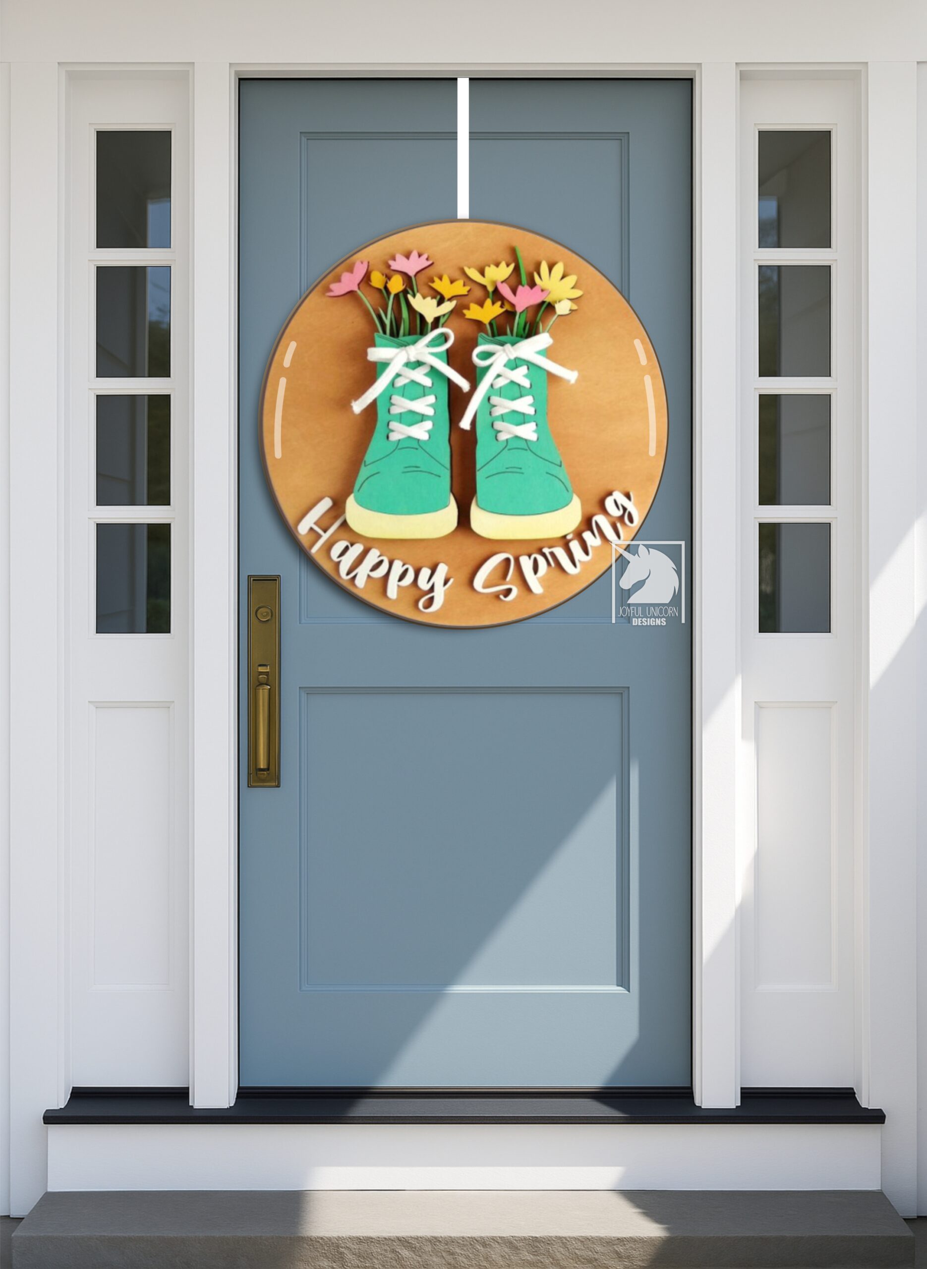 Happy Spring Round Sign SVG, Spring Boots With Flowers Sign SVG, Spring Door Hanger SVG, Laser Cut File for Glowforge, Wood Round Sign - Image 2