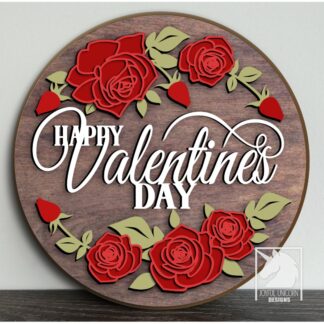Happy Valentine's Day Door Hanger SVG, Valentine's Day Wood Round Sign, Glowforge and Cricut Ready Files, Red Rouses Wreath SVG, Floral Sign