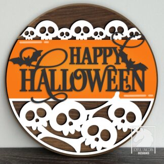 Happy Halloween Wood Round Sign SVG, Skull Door Hanger DXF, Spooky Skeleton Front Door Decor, Laser Cut File for Cricut, Glowforge, Xtool