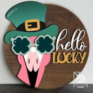 Hello Lucky Door Hanger SVG, Cute Flamingo Welcome Sign, St. Patrick's Day Round Sign SVG, Glowforge and Cricut Ready File, Laser Cut File