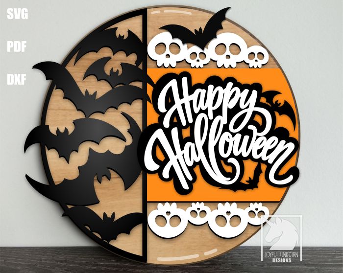 Happy Halloween Bat Welcome Sign SVG, Halloween Skull Door Hanger SVG ...